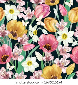 Fondo sin inconvenientes de daffodils, narcisos, alstromerías, lirios y tulipanes. Tarjeta de bienvenida de primavera decorativa, cumpleaños feliz, boda, banner publicitario, ventas, descuentos, etiquetas, telas
