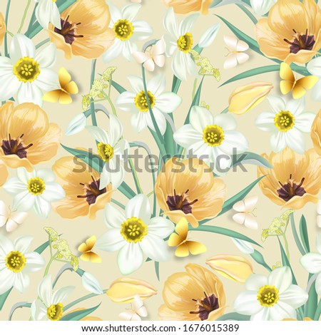 Seamless background of daffodils, narcissus, tulips and butterflies . D e corative g reeting card , happy birthday, wedding, advertising banner, sales, discounts, labels, fabrics [[stock_photo]] © 