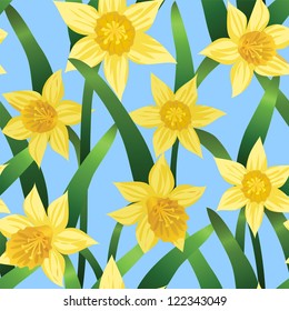 seamless background with daffodils on blue background