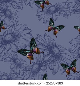 Seamless background with daisies and butterflies, hand-drawing. Vector illustration.
