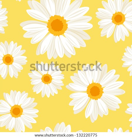 Seamless background with daisy flowers on yellow. Vector illustration.