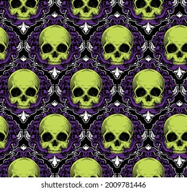 Seamless background from a damask ornament with skulls. Lime green and purple pattern. Fashionable modern wallpaper or textile for Halloween fabrics