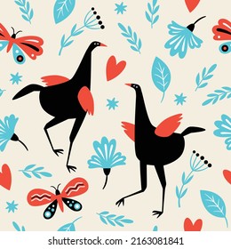 Seamless background with dancing birds, butterflies and flowers. Vector illustration