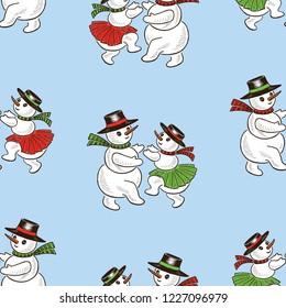 Seamless background of dancing snowmen