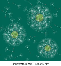 Seamless background from a dandelion. Flight of a dandelion, seeds fly from the wind. Light, pleasant texture. Suitable for fabric, paper, wallpaper. Vector illustration.