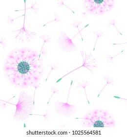 Seamless background from a dandelion. Flight of a dandelion, seeds fly from the wind. Light, pleasant texture. Suitable for fabric, paper, wallpaper. Vector illustration.