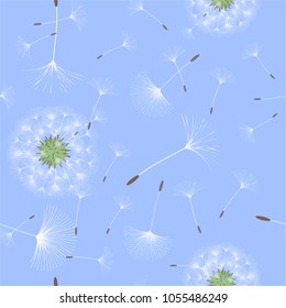 Seamless background from a dandelion. Flight of a dandelion, seeds fly from the wind. Light, pleasant texture. Suitable for fabric, paper, wallpaper. Vector illustration.