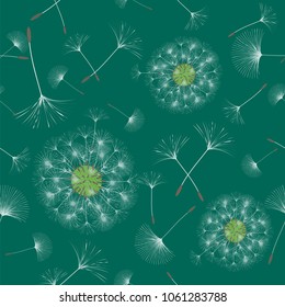 Seamless background from a dandelion. Flight of a dandelion, seeds fly from the wind. Light, pleasant texture. Suitable for fabric, paper, wallpaper. Vector illustration.