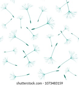 Seamless background from a dandelion. Flight of a dandelion, seeds fly from the wind. Light, pleasant texture. Suitable for fabric, paper, wallpaper. Vector illustration.