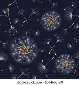 Seamless background from a dandelion. Flight of a dandelion, seeds fly from the wind. Light, pleasant texture. Suitable for fabric, paper, wallpaper. Vector illustration.