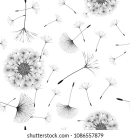 Seamless background from a dandelion. Flight of a dandelion, seeds fly from the wind. Light, pleasant texture. Suitable for fabric, paper, wallpaper. Vector illustration.