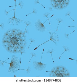 Seamless background from a dandelion. Flight of a dandelion, seeds fly from the wind. Light, pleasant texture. Suitable for fabric, paper, wallpaper. Vector illustration.