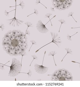 Seamless background from a dandelion. Flight of a dandelion, seeds fly from the wind. Light, pleasant texture. Suitable for fabric, paper, wallpaper. Vector illustration.