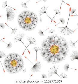 Seamless background from a dandelion. Flight of a dandelion, seeds fly from the wind. Light, pleasant texture. Suitable for fabric, paper, wallpaper. Vector illustration.