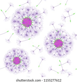 Seamless background from a dandelion. Flight of a dandelion, seeds fly from the wind. Light, pleasant texture. Suitable for fabric, paper, wallpaper. Vector illustration.