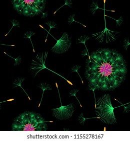 Seamless background from a dandelion. Flight of a dandelion, seeds fly from the wind. Light, pleasant texture. Suitable for fabric, paper, wallpaper. Vector illustration.