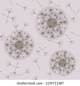 Seamless background from a dandelion. Flight of a dandelion, seeds fly from the wind. Light, pleasant texture. Suitable for fabric, paper, wallpaper. Vector illustration.