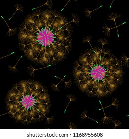 Seamless background from a dandelion. Flight of a dandelion, seeds fly from the wind. Light, pleasant texture. Suitable for fabric, paper, wallpaper. Vector illustration.