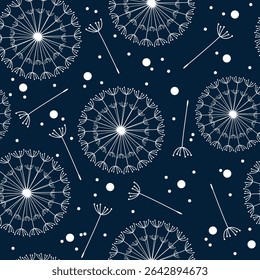 Seamless background from a dandelion. Flight of a dandelion, seeds fly from the wind