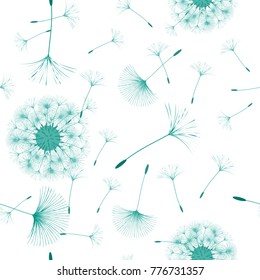 Seamless background from a dandelion. Flight of a dandelion, seeds fly from the wind. Light, pleasant texture. Suitable for fabric, paper, wallpaper. Vector illustration.