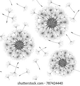 Seamless background from a dandelion. Flight of a dandelion, seeds fly from the wind. Light, pleasant texture. Suitable for fabric, paper, wallpaper. Vector illustration.