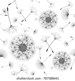 Seamless background from a dandelion. Flight of a dandelion, seeds fly from the wind. Light, pleasant texture. Suitable for fabric, paper, wallpaper. Vector illustration.