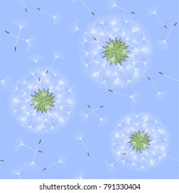 Seamless background from a dandelion. Flight of a dandelion, seeds fly from the wind. Light, pleasant texture. Suitable for fabric, paper, wallpaper. Vector illustration.