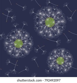 Seamless background from a dandelion. Flight of a dandelion, seeds fly from the wind. Light, pleasant texture. Suitable for fabric, paper, wallpaper. Vector illustration.