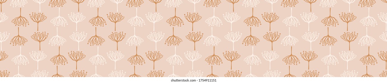 Seamless background dandelion seed banner. Gender neutral baby pattern. Simple whimsical minimal earthy 2 tone color. Kids nursery flower border or boho fashion tribbon trim