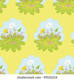 Seamless background: dandelions flowers, green grass and blue sky on yellow. Vector