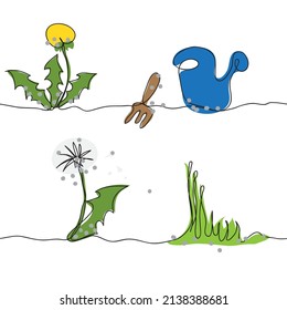 El fondo de los dientes de león y las herramientas del jardín es impecable. Dibujo manual de malezas de línea continuas 
