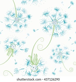 Seamless background with dandelions and seeds flying on white