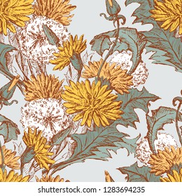Seamless background of dandelions sketches