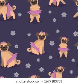 Seamless background in dark blue with the image of cute pugs with a bow and a pink skirt.