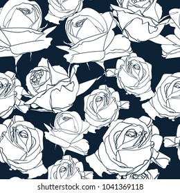 Seamless background with dark blue roses. Design greeting card and invitation of the wedding, birthday, Valentine s Day, mother s day, holiday.