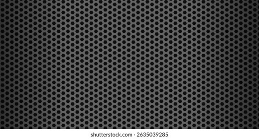 Seamless background of dark hexagonal perforated metal illustration. Steel or carbon fiber mesh texture. Industrial, audio, or technology designs, modern geometric pattern.