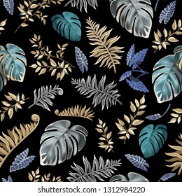 Seamless background dark leaves of tropical exotic plants. Pattern jungle with palm trees and lianas. Vector 3d illustration.