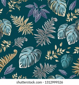 Seamless background dark leaves of tropical exotic plants. Pattern jungle with palm trees and lianas. Vector 3d illustration.