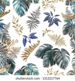 Seamless background dark leaves of tropical exotic plants. Pattern jungle with palm trees and lianas. Vector 3d illustration.