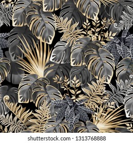 Seamless background dark leaves of tropical exotic plants. Pattern jungle with palm trees and lianas. Vector 3d illustration.