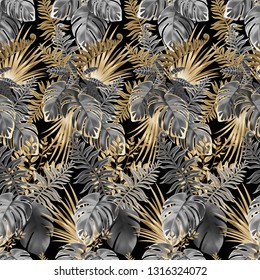 Seamless background dark leaves of tropical exotic plants. Pattern jungle with palm trees and lianas. Vector 3d illustration.