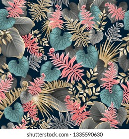 Seamless background dark leaves of tropical exotic plants. Pattern jungle with palm trees and lianas. Vector 3d illustration.