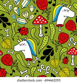 Seamless background with  dead unicorns and nature elements. Vector endless illustration.