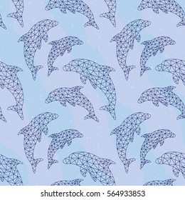 Seamless background, decorated with dolphins from polygons. Pattern.