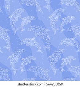 Seamless background, decorated with dolphins from polygons. Pattern.