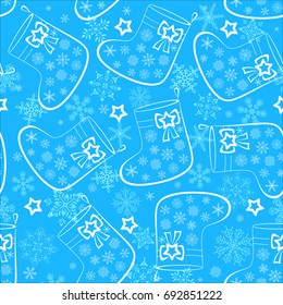 Seamless Background with Decorated Pictogram Christmas Stockings for Gifts and Snowflakes on Blue Tile Pattern. Vector