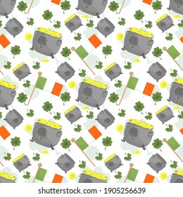 Seamless background for decoration design, on the theme of the holiday of St. Patricks Day, A Cauldron with gold coins, the flag of Ireland, clover leaves