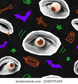 Seamless background for decoration of Halloween. Halftone eyes with doodles. Trendy vector illustration in collage style. Halloween seamless pattern with halftone collage elements and doodles.