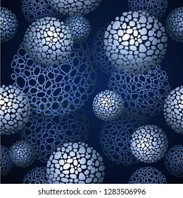 Seamless background: decorative abstract spheres on a dark background.  Metal imitation. Vector illustration. 
