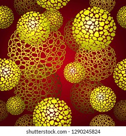Seamless background: decorative abstract spheres on a dark red background.  Metal imitation. Vector illustration. 